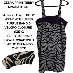 Zebra Print Terry Spa/Bath Set w/ Spa Body Wrap & Terry Top Hair Wrap - Size XL